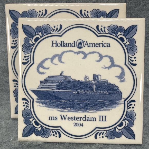 Vintage Holland America Line Ship Blue White Tile Coasters Collection Lot of 6 - Picture 3 of 6